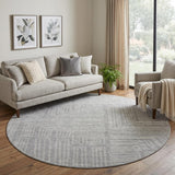 8' Gray And Ivory Geometric Washable Round Rug With UV Protection