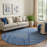 8' Navy Blue And Ivory Geometric Washable Round Rug With UV Protection