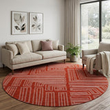 8' Red And Ivory Geometric Washable Round Rug With UV Protection