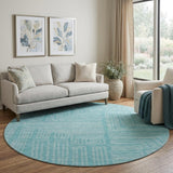8' Turquoise And Ivory Geometric Washable Round Rug With UV Protection
