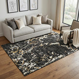 5' X 8' Black Ivory And Gold Striped Washable Area Rug With UV Protection