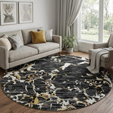 8' Black Ivory And Gold Striped Washable Round Rug With UV Protection