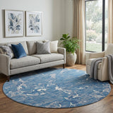 8' Blue Ivory And Gray Striped Washable Round Rug With UV Protection