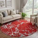 8' Red Gray And Ivory Striped Washable Round Rug With UV Protection