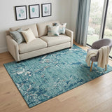 5' X 8' Teal Ivory And Gray Striped Washable Area Rug With UV Protection