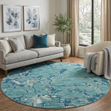 8' Teal Ivory And Gray Striped Washable Round Rug With UV Protection