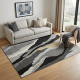 5' X 8' Black Gold And Ivory Abstract Washable Area Rug With UV Protection