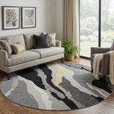 8' Black Gold And Ivory Abstract Washable Round Rug With UV Protection