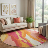 8' Blush Orange And Wheat Abstract Washable Round Rug With UV Protection