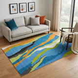 5' X 8' Denim Blue Orange And Lime Green Abstract Washable Area Rug With UV Protection
