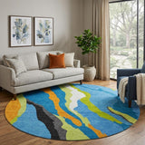8' Denim Blue Orange And Lime Green Abstract Washable Round Rug With UV Protection