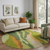 8' Green Copper And Peach Abstract Washable Round Rug With UV Protection