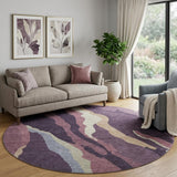 8' Plum Ivory And Gray Abstract Washable Round Rug With UV Protection