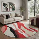 8' Red Black And Ivory Abstract Washable Round Rug With UV Protection