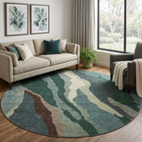 8' Sage Taupe And Beige Abstract Washable Round Rug With UV Protection