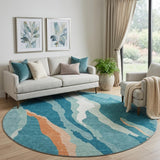 8' Teal Orange And Ivory Abstract Washable Round Rug With UV Protection