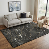 5' X 8' Black Ivory And Gold Abstract Washable Area Rug With UV Protection