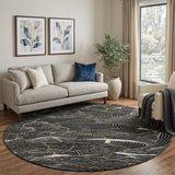 8' Black Ivory And Gold Abstract Washable Round Rug With UV Protection