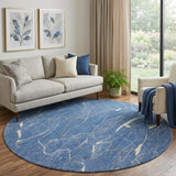 8' Blue Ivory And Gold Abstract Washable Round Rug With UV Protection