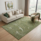 5' X 8' Olive Green Ivory And Gold Abstract Washable Area Rug With UV Protection