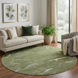 8' Olive Green Ivory And Gold Abstract Washable Round Rug With UV Protection