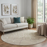 8' Beige Ivory And Taupe Abstract Geometric Washable Round Rug With UV Protection