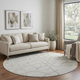 8' Ivory Taupe And Gray Abstract Geometric Washable Round Rug With UV Protection