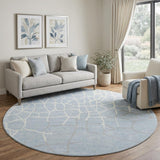 8' Sky Blue Ivory And Gray Abstract Geometric Washable Round Rug With UV Protection