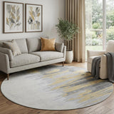 8' Gray Gold And Ivory Abstract Washable Round Rug With UV Protection