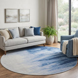 8' Navy Blue And Ivory Abstract Washable Round Rug With UV Protection