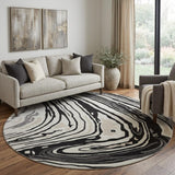 8' Black Ivory And Gray Abstract Washable Round Rug With UV Protection