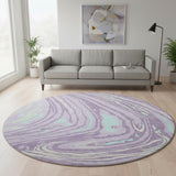 8' Lavender Mint Green And Sky Blue Abstract Washable Round Rug With UV Protection