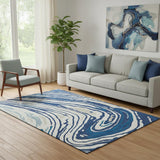 5' X 8' Navy Blue Ivory And Beige Abstract Washable Area Rug With UV Protection