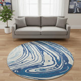 8' Navy Blue Ivory And Beige Abstract Washable Round Rug With UV Protection