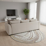 8' Taupe Ivory And Gold Abstract Washable Round Rug With UV Protection