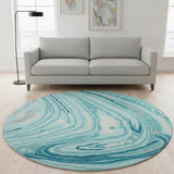 8' Turquoise Gray And Ivory Abstract Washable Round Rug With UV Protection