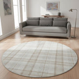 8' Linen Beige And Gray Plaid Washable Round Rug With UV Protection