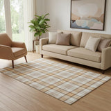 5' X 8' Peach Ivory And Brown Plaid Washable Area Rug With UV Protection