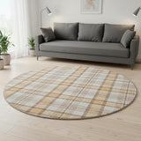 8' Peach Ivory And Brown Plaid Washable Round Rug With UV Protection