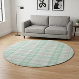 8' Aqua Ivory And Green Plaid Washable Round Rug With UV Protection