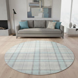 8' Sky Blue Ivory And Gray Plaid Washable Round Rug With UV Protection