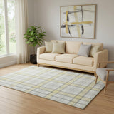 5' X 8' Yellow Ivory And Gray Plaid Washable Area Rug With UV Protection