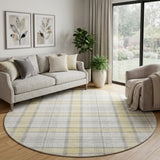 8' Yellow Ivory And Gray Plaid Washable Round Rug With UV Protection