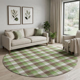 8' Brown Ivory And Green Plaid Washable Round Rug With UV Protection