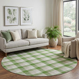 8' Emerald Beige And Ivory Plaid Washable Round Rug With UV Protection