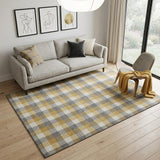 5' X 8' Gray Ivory And Gold Plaid Washable Area Rug With UV Protection