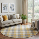 8' Gray Ivory And Gold Plaid Washable Round Rug With UV Protection