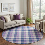 8' Navy Blue Ivory And Purple Plaid Washable Round Rug With UV Protection