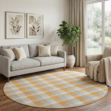 8' Orange Ivory And Gray Plaid Washable Round Rug With UV Protection