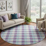 8' Purple Ivory And Blue Plaid Washable Round Rug With UV Protection